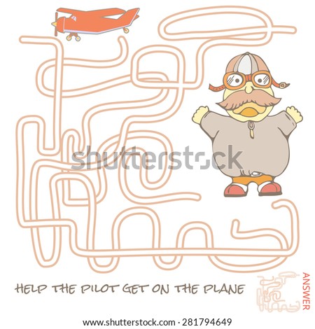 Funny Maze Game for kids. Maze or Labyrinth Game for Preschool Children. Maze puzzle with solution. Crtoon pilot