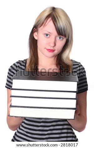 Girl holding stack of books in hands