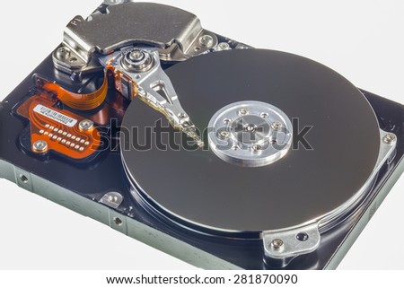 Hard disk drive inside. Data safety concept.