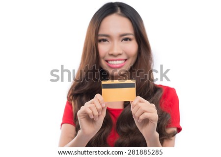 Shopping woman showing sign or blank card. Chinese Asian / Caucasian isolated on seamless white background. Focus on the blank sign / card.