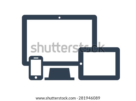 Device Icons: smart phone, tablet and desktop computer. Vector illustration of responsive web design. Royalty-Free Stock Photo #281946089