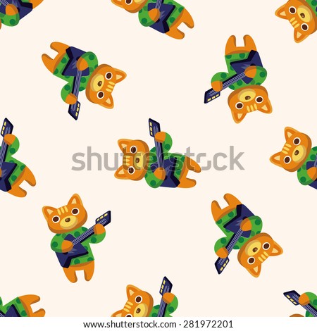 animal cat playing instrument cartoon , cartoon seamless pattern background