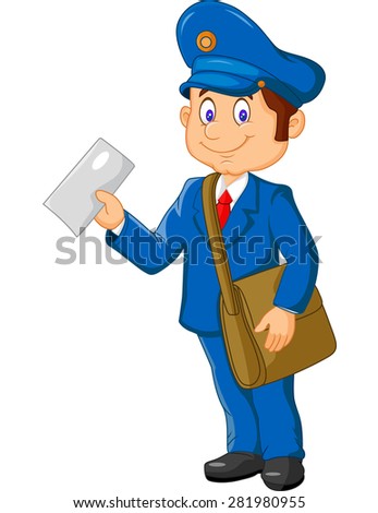 Cartoon postman holding mail and bag Royalty-Free Stock Photo #281980955