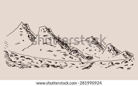 Stony mountain scenery sketch hand drawing, in engraving etching style, for extreme climbing sport, adventure travel  and  tourism design