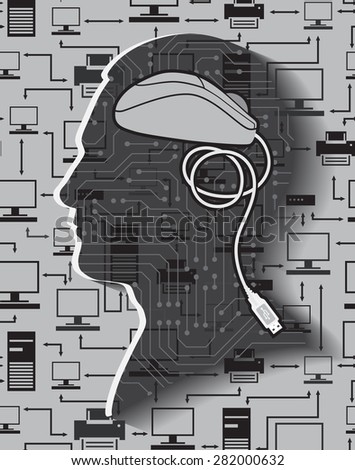 Vector. Male silhouette on digital background with mouse instead brain.