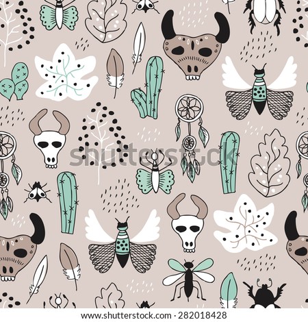 Seamless botanical western cowboy and indian feather skull garden ranch and cactus illustration background pattern in vector