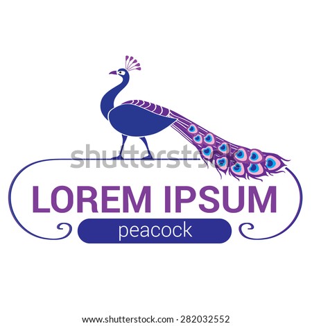 Vector peacock logo.  Logotype or mascot emblem symbol. Can be used for T-shirts print, labels, badges, stickers, vector illustration.