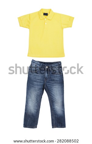 Children's wear - T-shirt and blue jeans isolated on white background