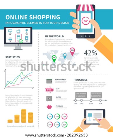 Online Shopping process infographic with computer, smartphone, laptop and tablet icons. Flat design infographic and space for text