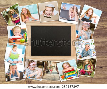 Frame photos of little cute girl with school supplies