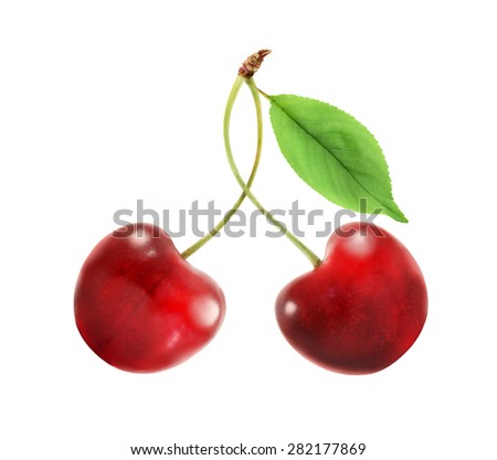 Two red cherries on a white background is photographed close-up on a white background