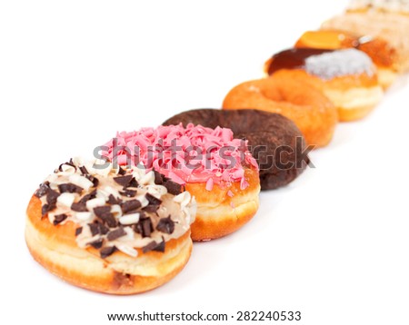 Donuts close up, isolated on white background