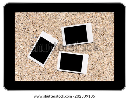 Blank Retro Instant Photos On Beach Sand In Summer On Modern Tablet In iPad Style