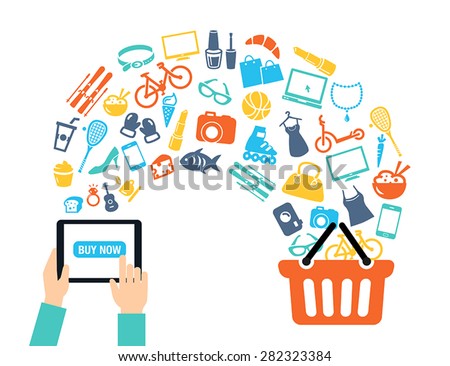 Shopping background concept with icons shopping online, using a PC, tablet or a smartphone. Can be used to illustrate mobile communication topics or consumerism. Royalty-Free Stock Photo #282323384