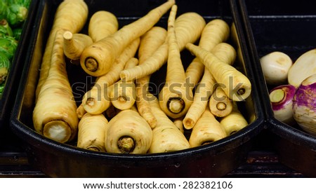 Group of Parsnips and Turnips in a supermarket at Colfax, Whitman County, Washington, USA. 