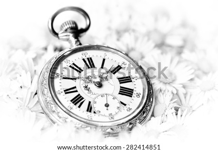 pocket watch in a beautiful romantic flowers, monochrome version
