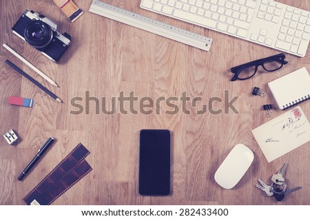 Top view office desk - hero header image Royalty-Free Stock Photo #282433400