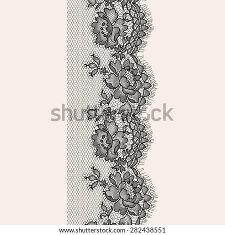Black Lace Floral Ribbon. Vertical Seamless Pattern.