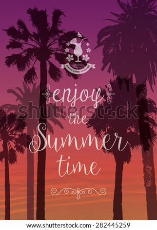 Exotic Print with Palms for T-shirt. Travel Background and  Label with Cocktail. 