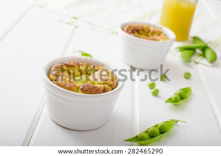 Peas souffle, simple and delicious with fresh juice, from bio peas growed on garden