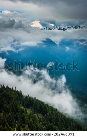 View of mountains and low clouds from Hurricane Ridge, in Olympic National Park, Washington.