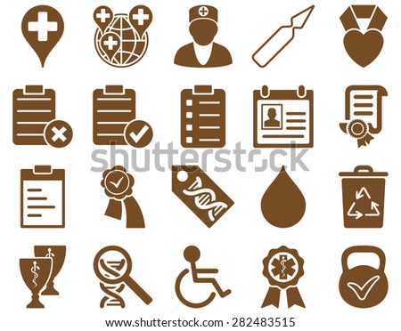 Medical icon set. Style: icons drawn with brown color on a white background.