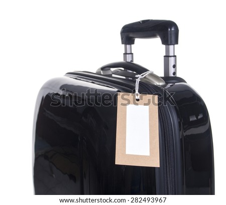 Luggage tag with a black suitcase on a white background.