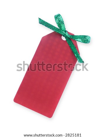 red gift tag with green sparkling bow on white background(with clipping path)