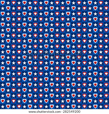 Stars and hearts patriotic seamless pattern in blue white and red. Independence Day vector background.