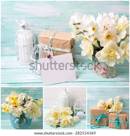 Collage with colorful narcissus flowers , candles, box with present  and empty tag for text on turquoise painted wooden planks. Selective focus. 