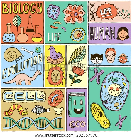 Biology Science Banners set. Color Hand Drawn Vector Illustrations.
