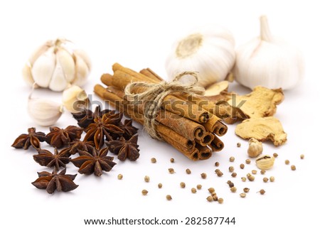 Five spices on the white background