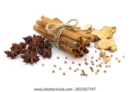Five spices on the white background