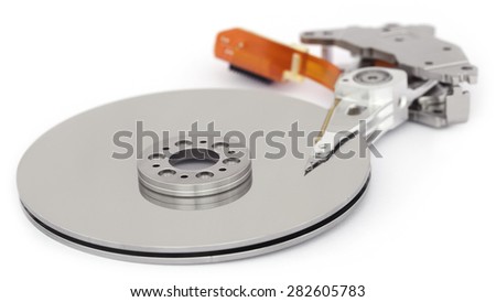 Open hard disk drive over white background