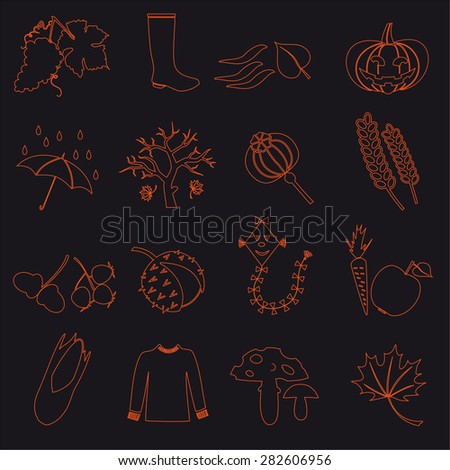 autumn outline icons on black background set eps10