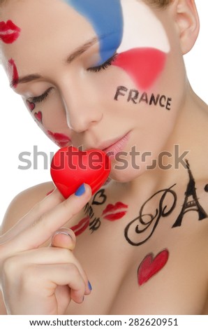 happy woman with make-up on topic of France isolated on white