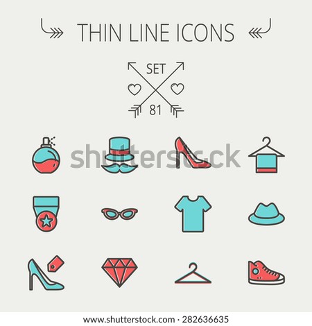 Business shopping thin line icon set for web and mobile. Set includes - vintage cap, cat eyeglasses, diamond, high heel, t-shirt, hanger, cap, rubber shoe, perfume, medal   icons. Modern minimalistic