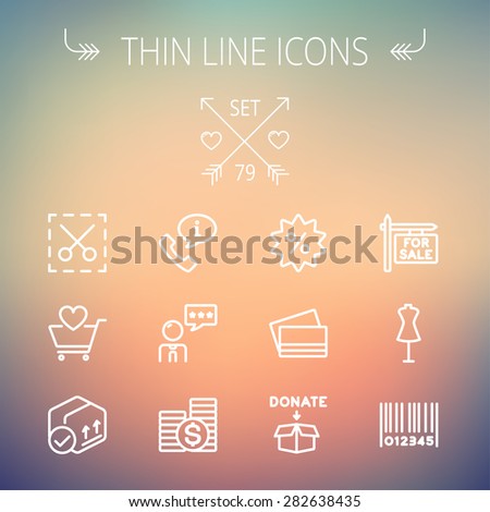 Business shopping thin line icon set for web and mobile. Set includes- stack of coins, cart with heart, box with validation, credit cards, donation box, mannequin, barcode  icons. Modern minimalistic