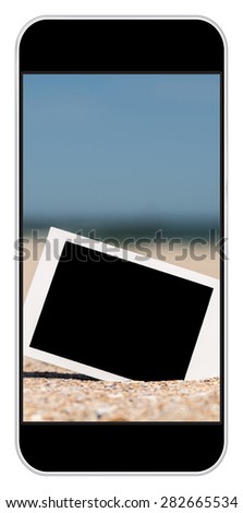 Blank Retro Instant Photos On Beach Sand In Summer On Smartphone In iPhone Style