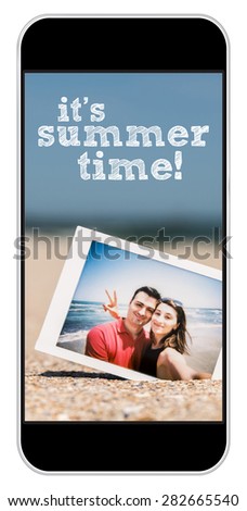 Instant Photo Of Young Couple On Beach On Modern Smartphone In iPhone Style