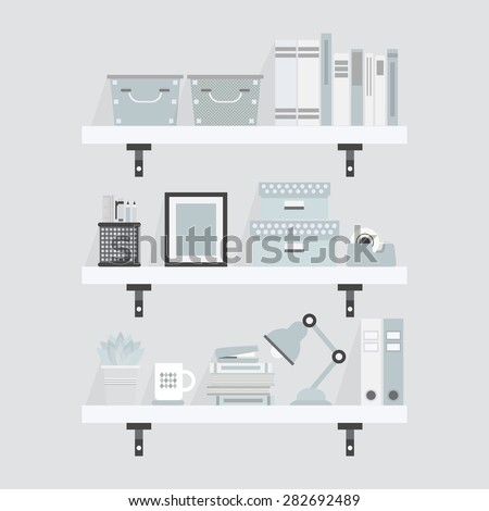 Pretty white and teal shelves and decoration objects - Flat design