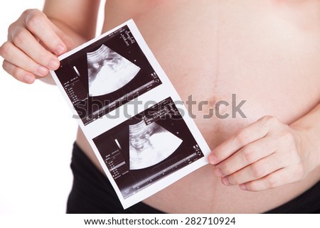 pregnant woman show image ultrasound on white background