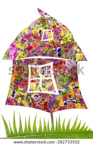 Summer house concept  made from fresh summer flowers. Isolated collage