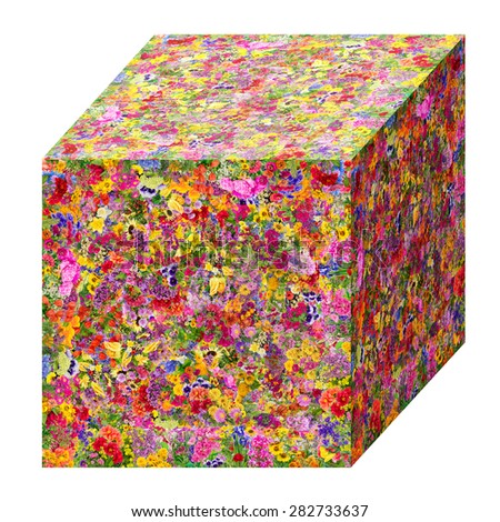 Summer cube   concept is made from bright  summer flowers. Abstract handmade isolated  collage