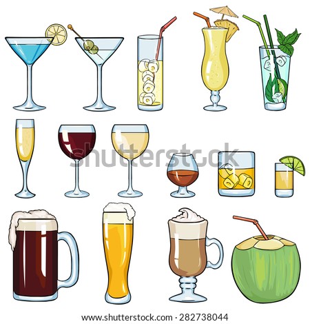 Vector Set of Cartoon Cocktails and Alcohol Drinks. Martini, Lemonade, Pinot Colada, Mojito, Champagne, Red Wine, White Wine, Cognac, Brandy, Whiskey, Tequila,  Beer, Irish Coffee, Coconut.
