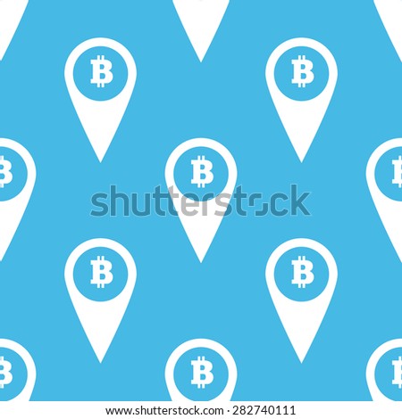 Image of map marker with bitcoin symbol, repeated on blue background