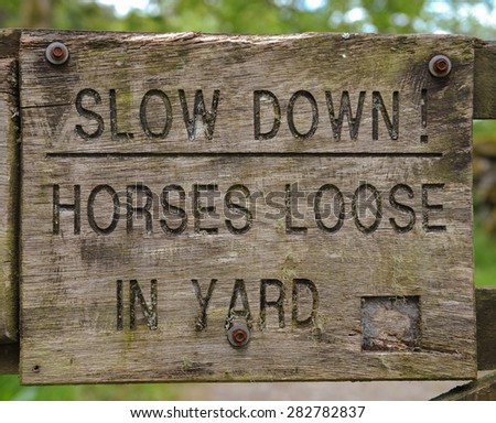 "Slow Down, Horses Loose in Yard" Sign, Believer Forest, Dartmoor, Devon, England, UK
