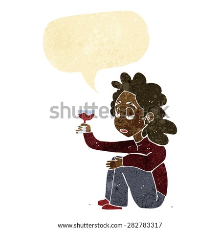 cartoon unhappy woman with glass of wine with speech bubble
