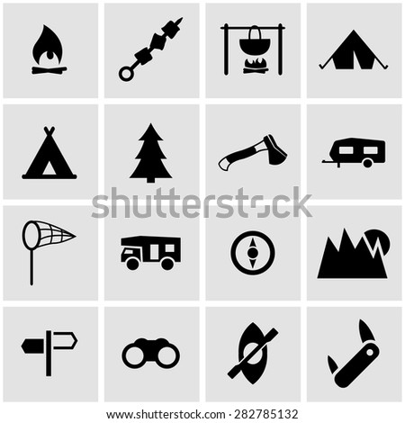 Vector black camping icon set on grey background