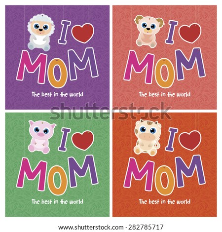 Set of backgrounds with cute animals for mother's day. Vector illustration